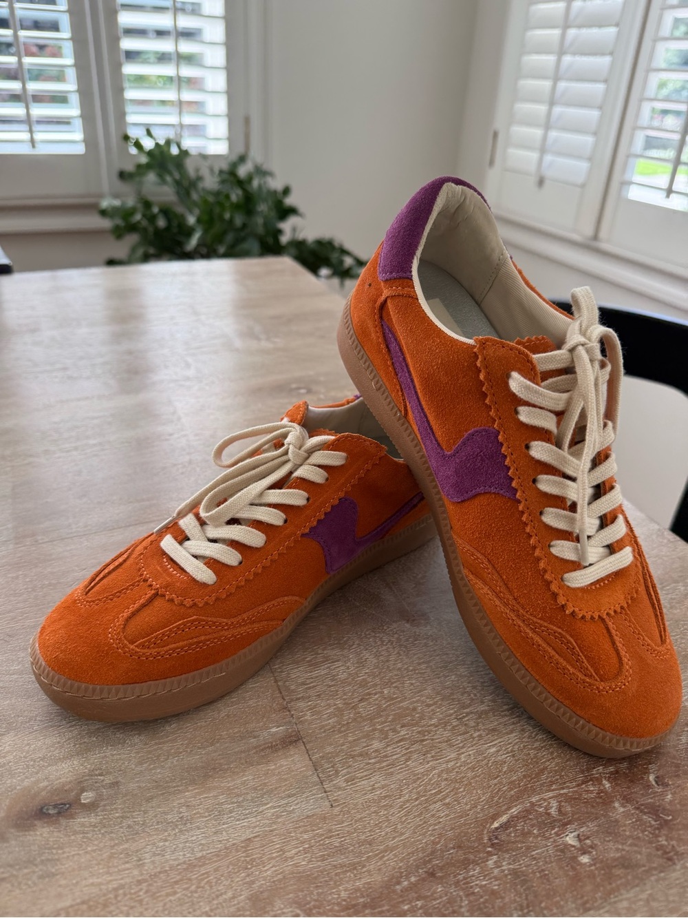 Dolce Vita Orange Suede Sneakers with Purple Accent and Cream Laces